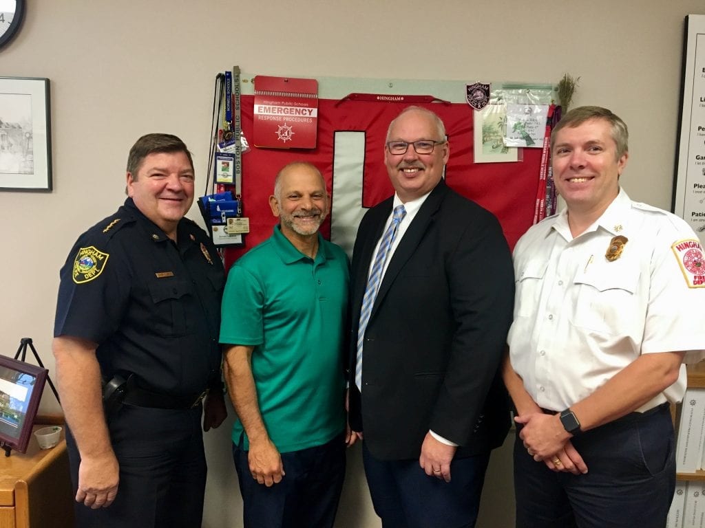 Left to right, Police Chief Glenn Olsson, Hingham Public Schools Director of Business and Support Services John Ferris, new Supt. of Schools Paul Austin, and Fire Chief Steve Murphy.
