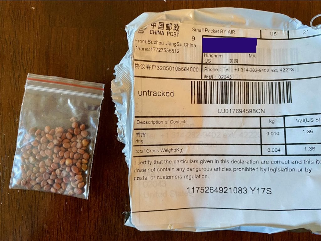 A package of unsolicited seeds received by a Hingham resident (courtesy photo). 