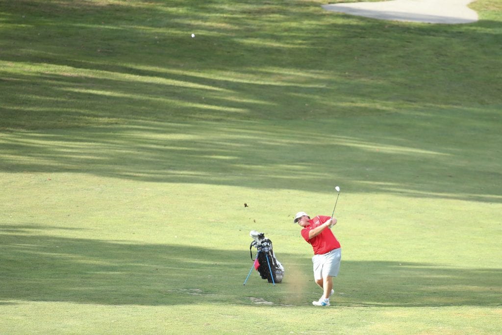 Wilson, with a wedge shot, lands it a few feet from the hole.  Wilson ended up 2 over par with at 38. 