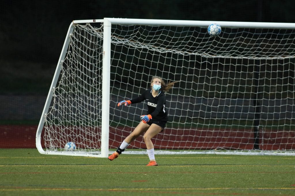 Hingham goalies Niamh McGuiness and Kathryn Wilson (pictured) played great, holding NDA to just one goal. 
