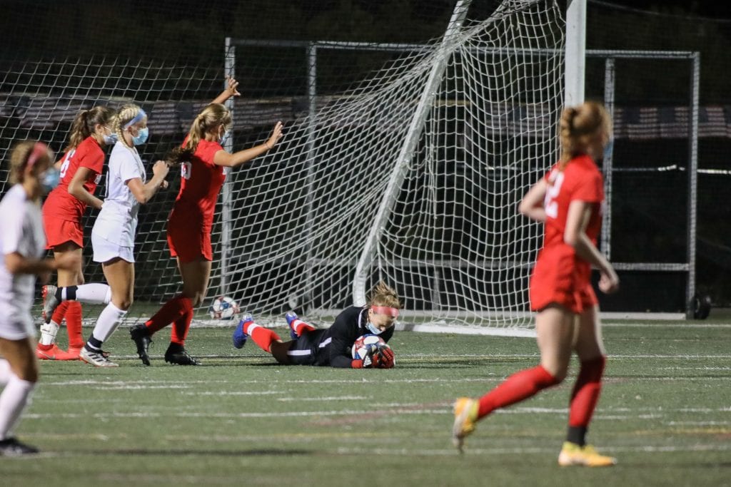 Hingham's Junior Goalie Niamh McGuiness made some timely saves in the first half.