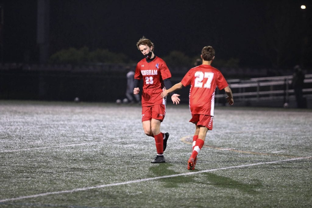 Sophomore Aidan Brazel (23) after he scores to tie the game at 1-1.