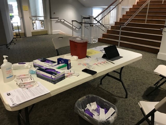 A Hingham vaccine distribution center set-up at South Shore Baptist Church