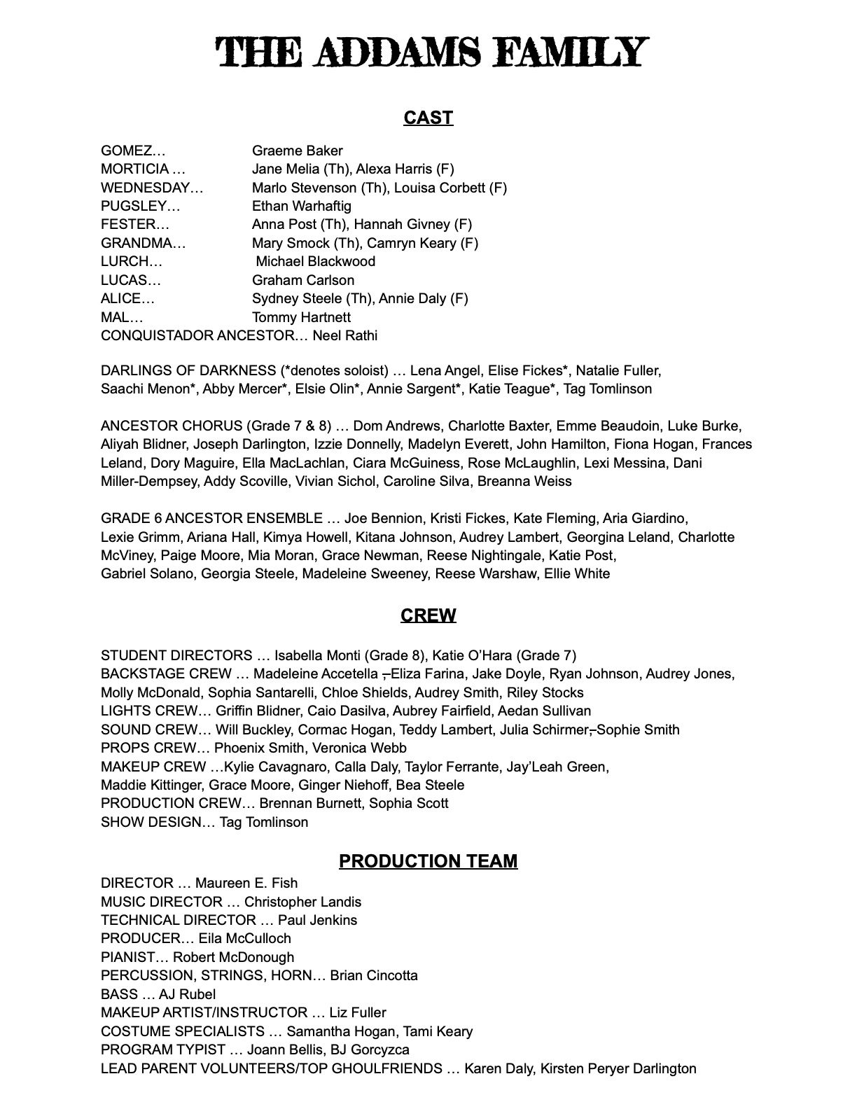 Program Copy Cast_Crew List THE ADDAMS FAMILY