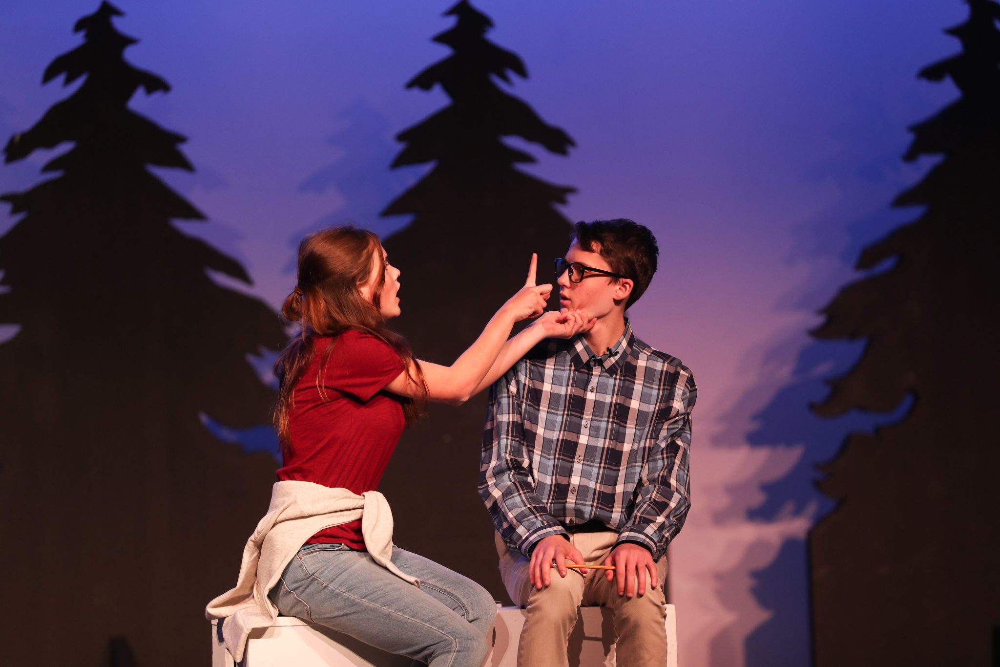 Hadley Duncan and Cam Cyr play Marvelyn and Steve in one of 9 one-act plays in HHS Drama's production of Almost, Maine.