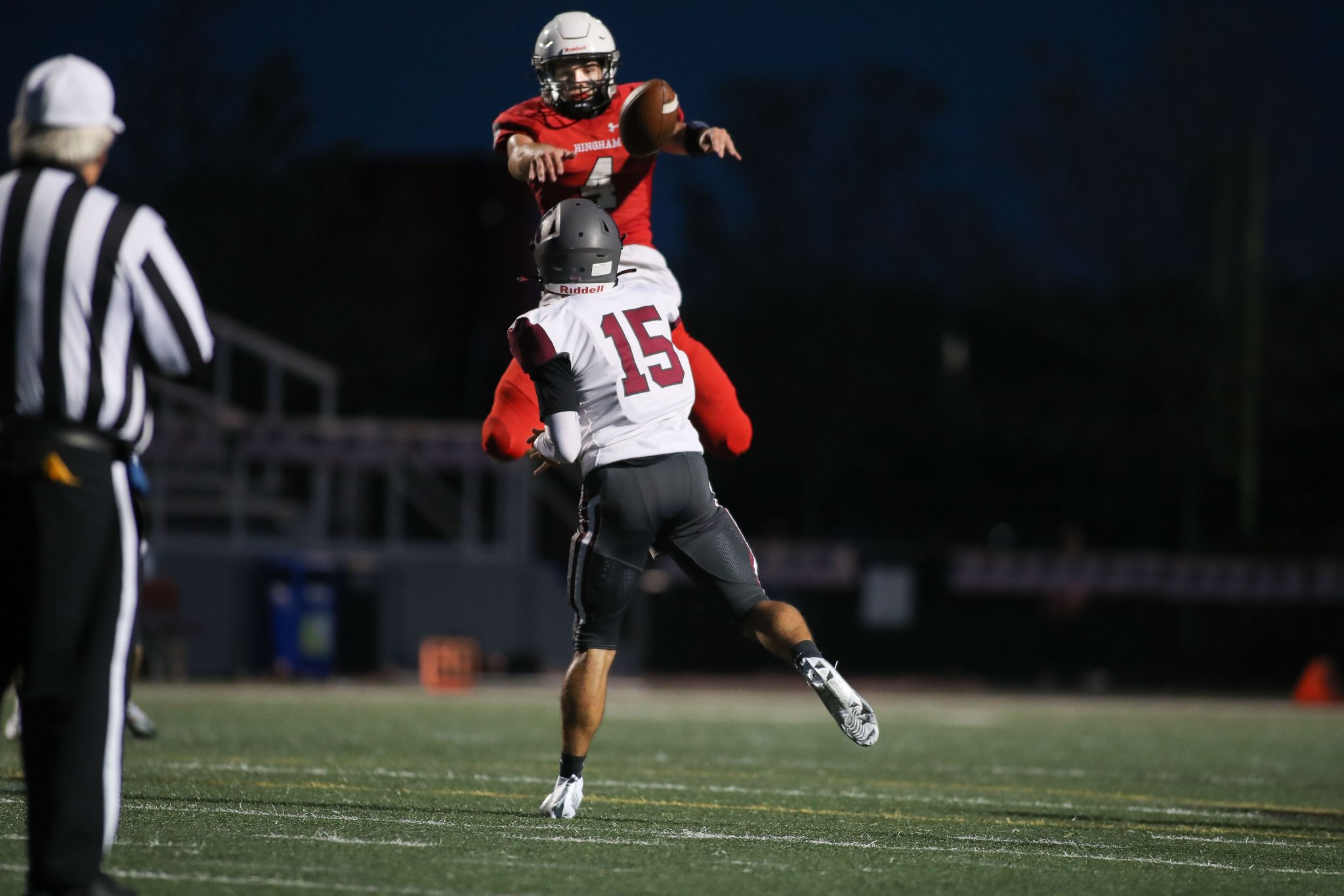 Senior Cam Dobson got in the throwing lane of the Arlington QB. He also blocked a punt and had a sack in Hingham's win. 