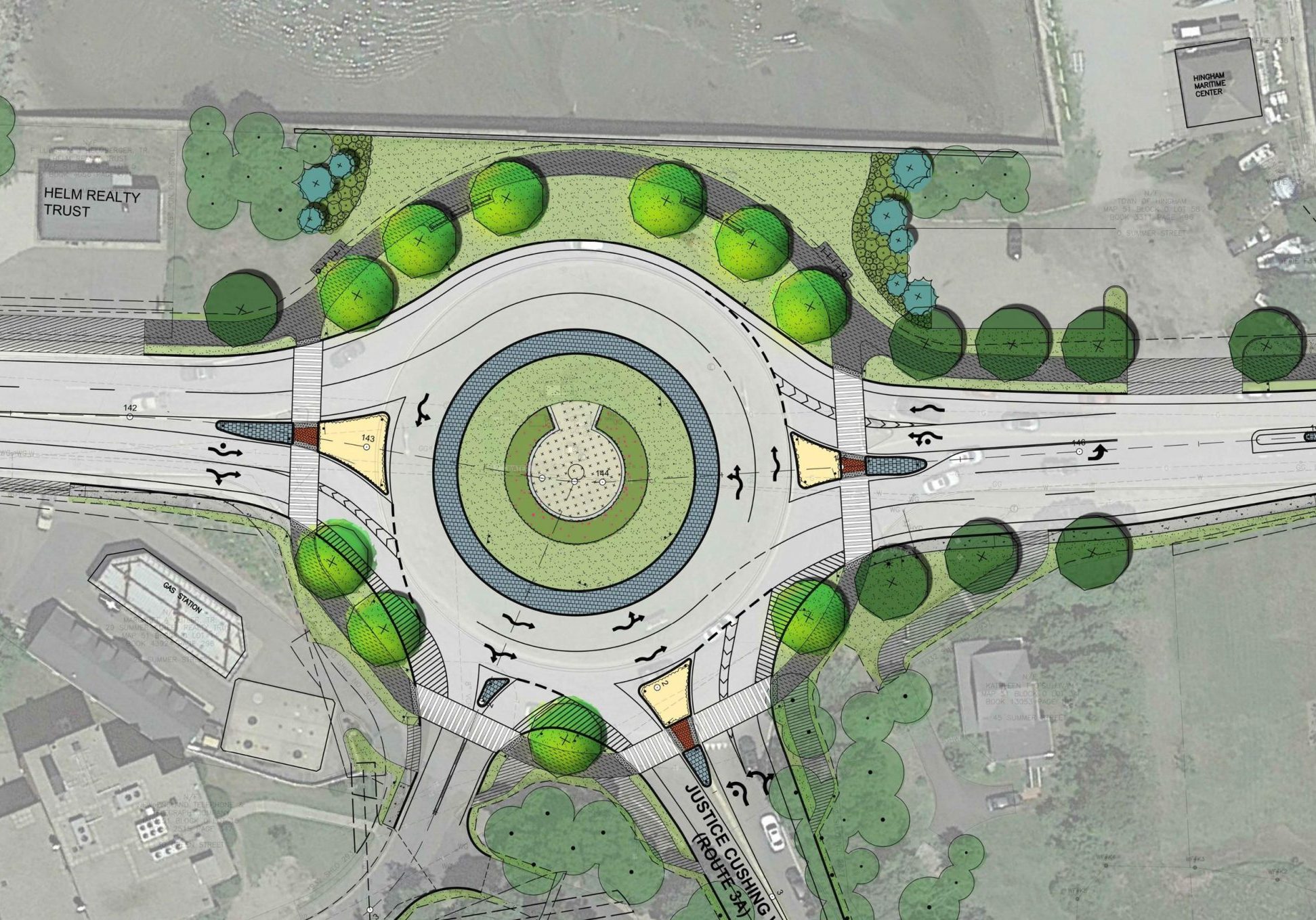 The Route 3A Rotary is reconfigured into a modern roundabout, with improved safety and accessibility for all transportation modes.