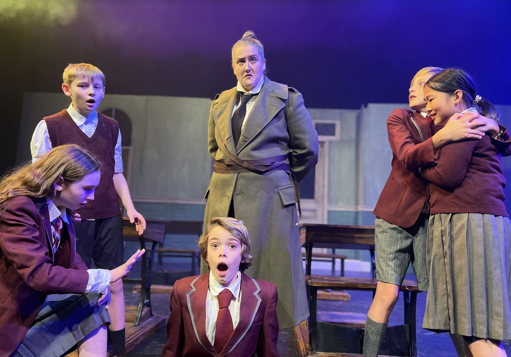 Miss Trunchbull - Christie Reading of Bryantville. With Reese Raciot of Hingham as Matilda, Jake Martins of Abington, Roland Schultz of Hingham as Nigel, Jackson Lynch of Hingham and Diana Lee of Hingham as Lavender