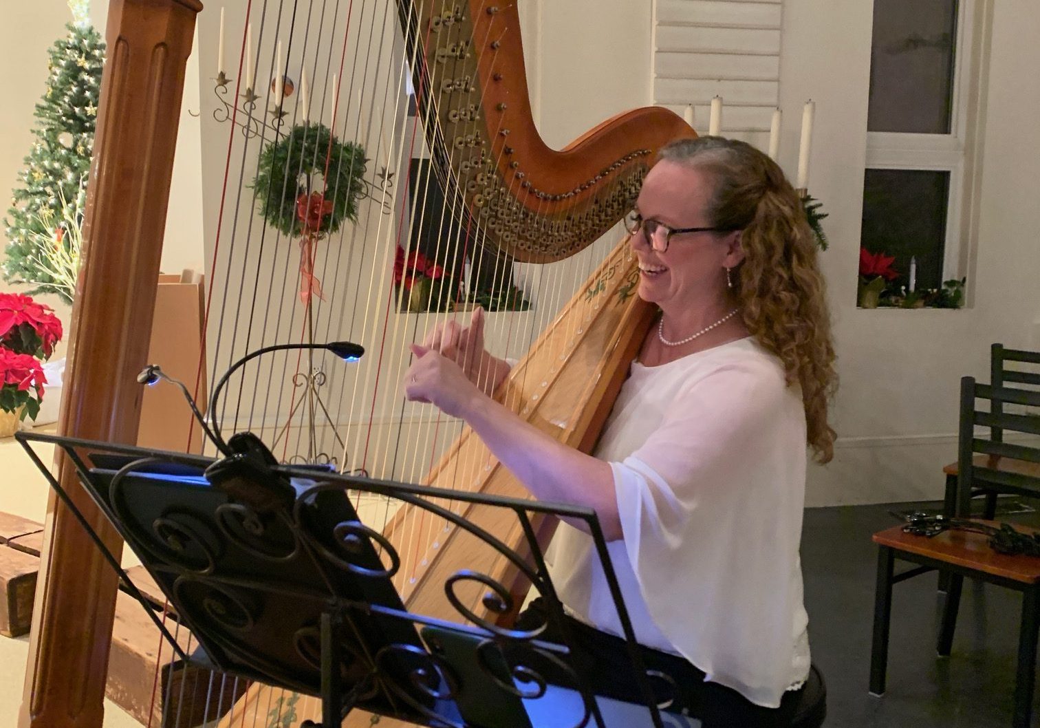 racy Allen of Hingham will play the harp at the Unicorn Singers' holiday concerts on December 14 and 15.